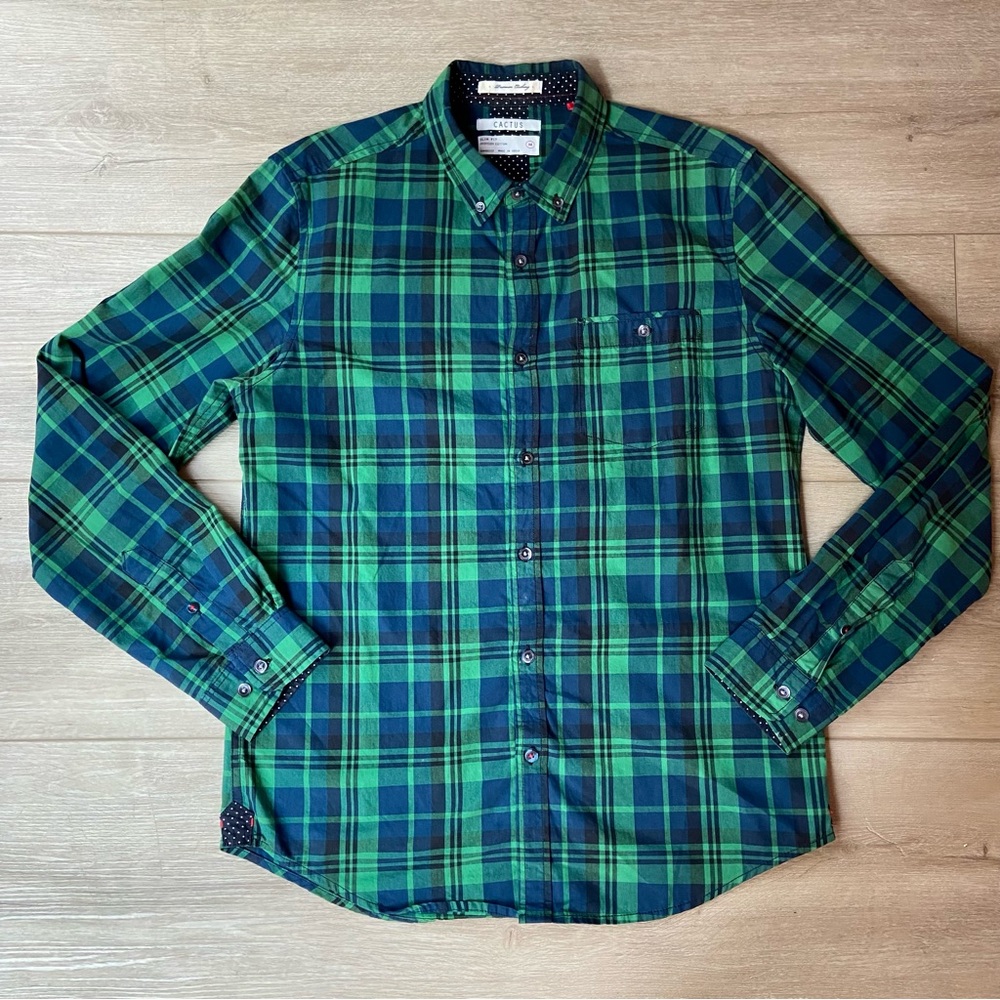 Cactus Green and Blue Plaid Slim Fit Shirt, Medium